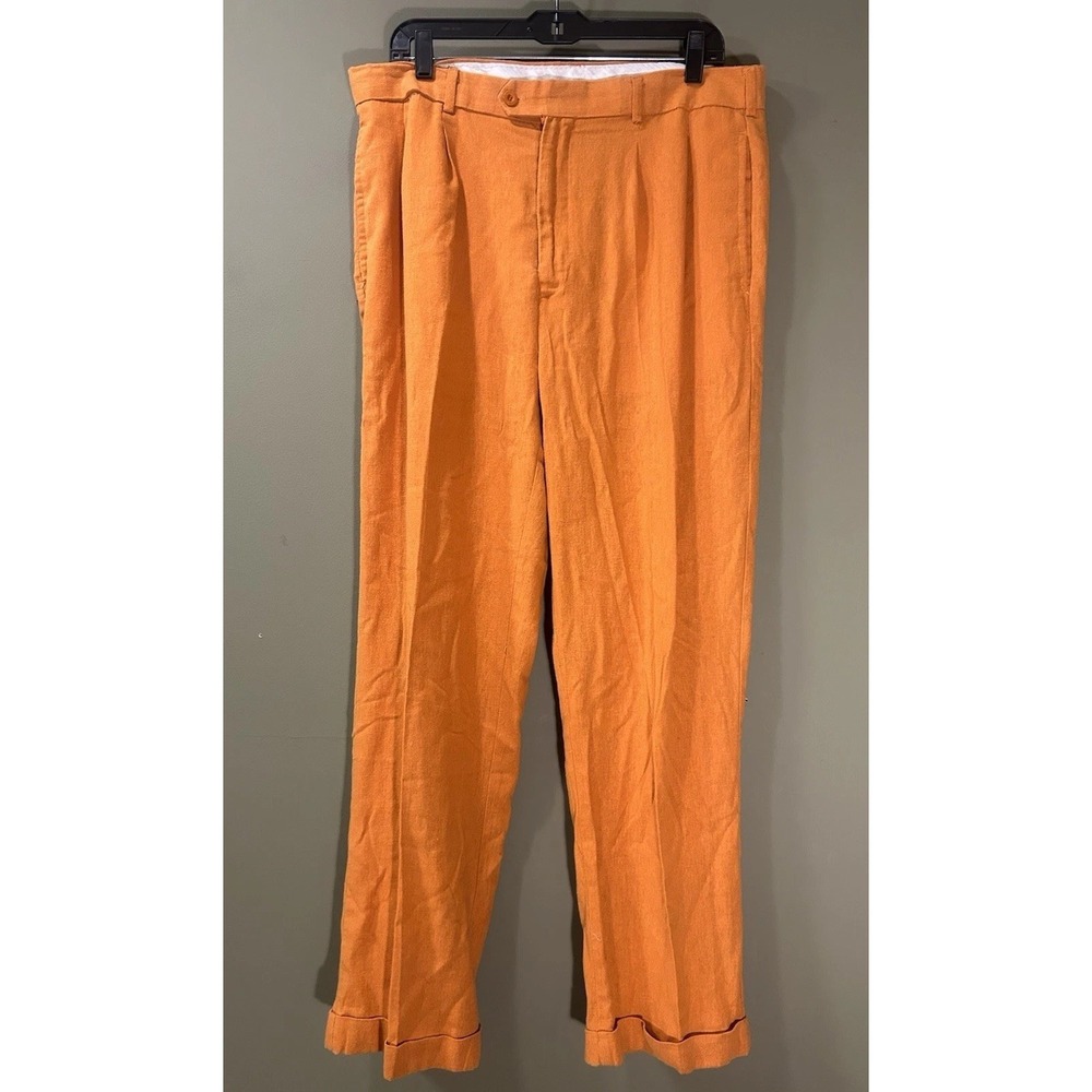 Vtg Karl Kani Gold Linen Blend Dress Pants Orange Mens Trousers Sz 36x29 Cuffed